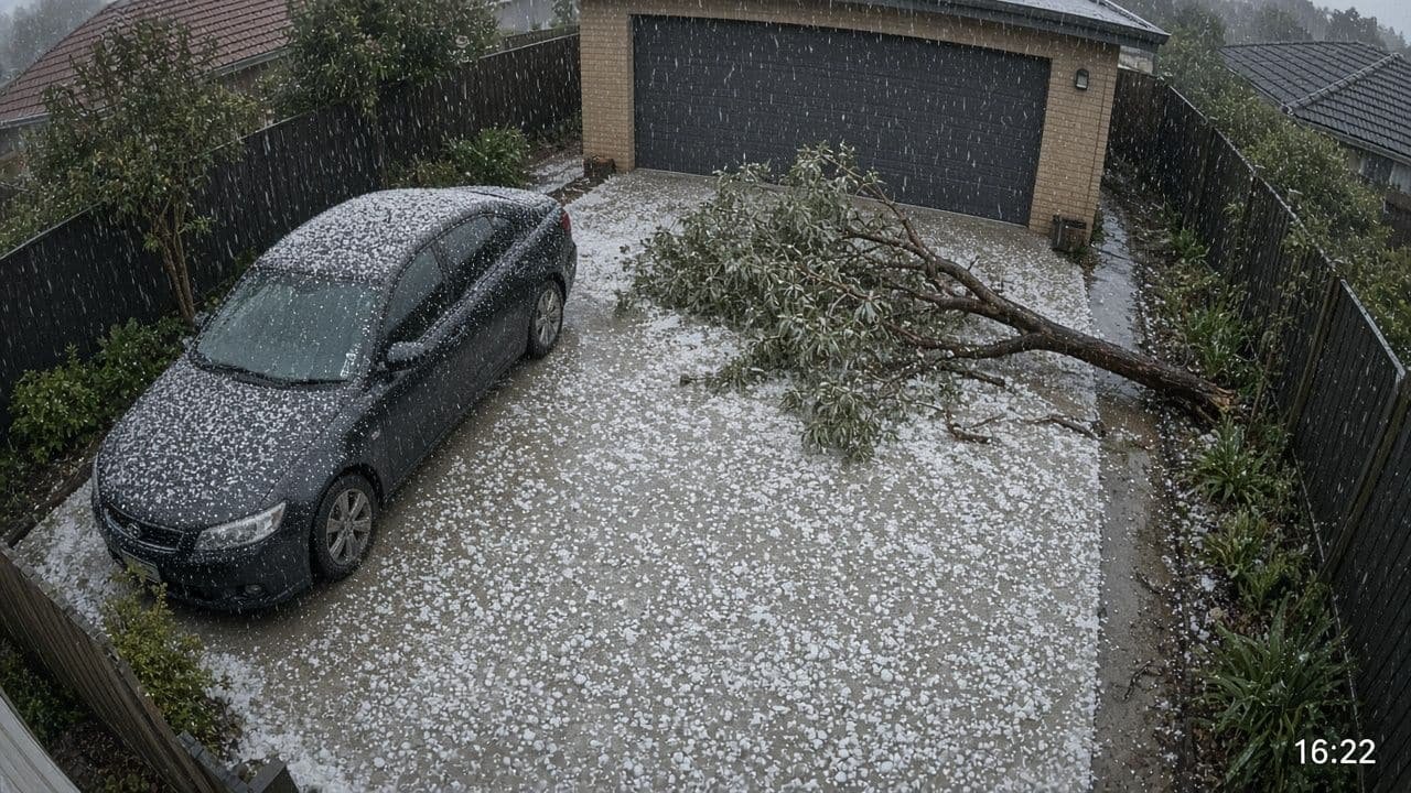 Security-camera view of a driveway in hail, with a fallen branch beside a parked car