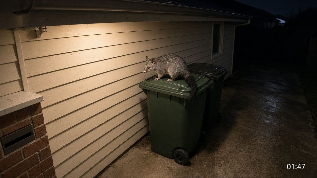 Colour night-vision still of an animal standing on a wheelie bin