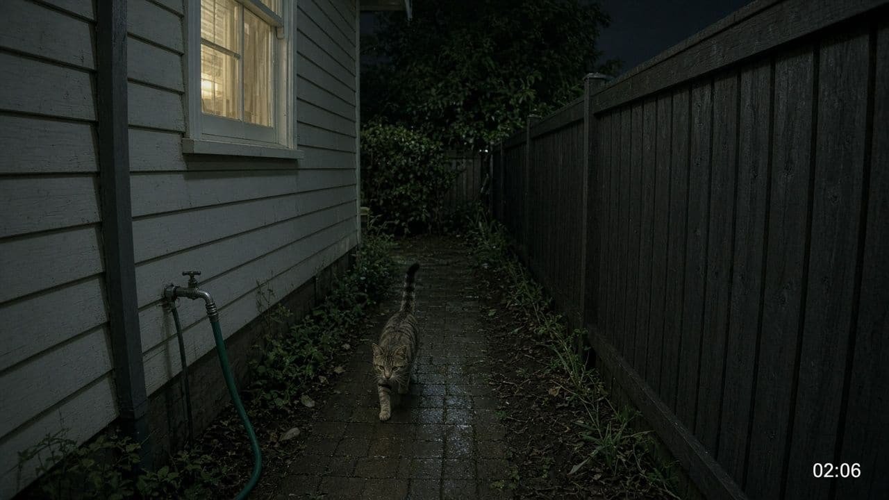 Security-camera view along a narrow side path beside a house