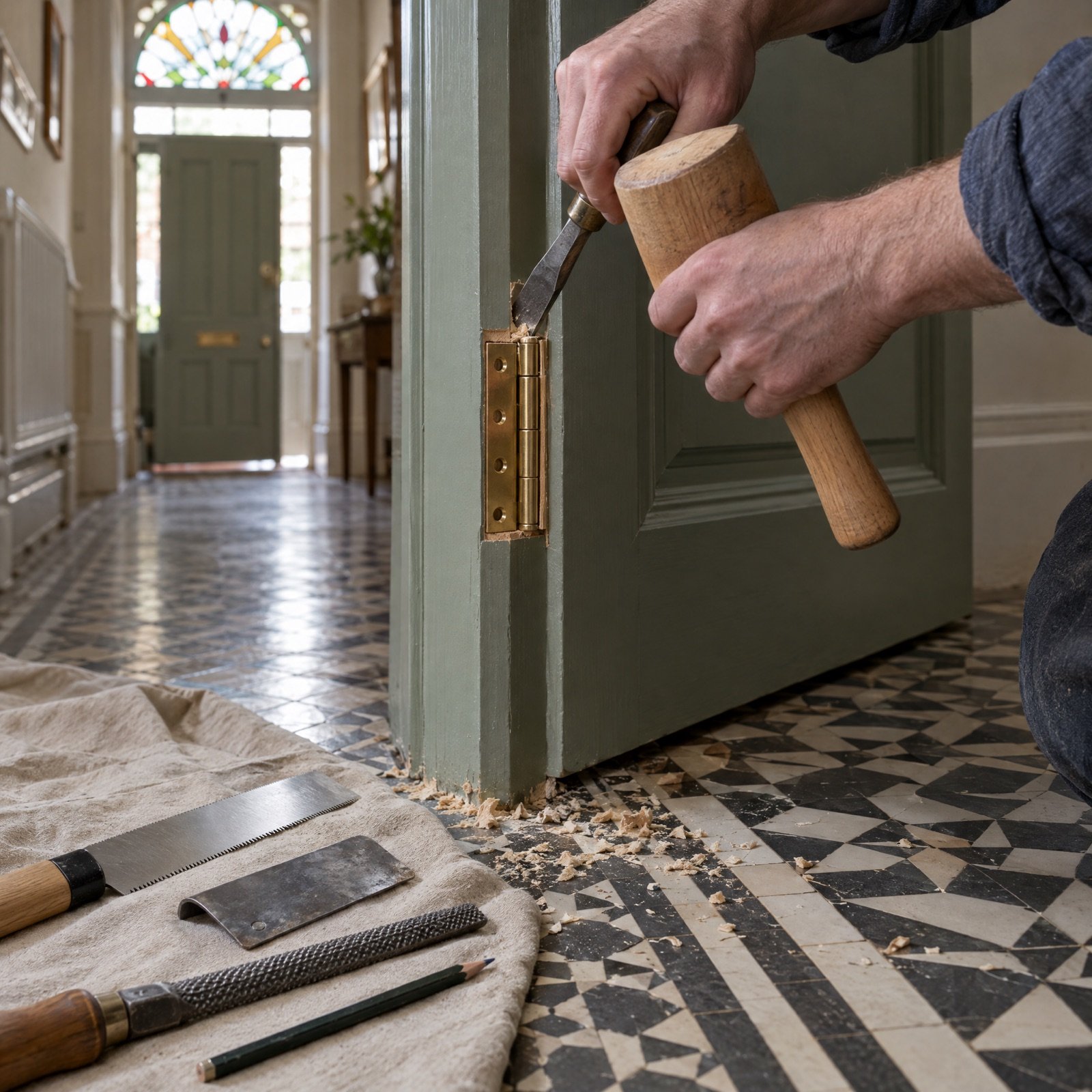 Hands squaring a hinge recess on a panelled door with a chisel and wooden mallet in a Victorian tiled hallway